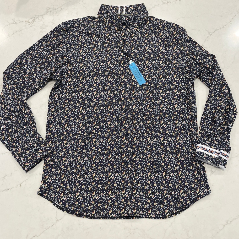 Robert Graham Nylon Blend Tailored Fit Blue Floral Stretch Button Shirt Mens L